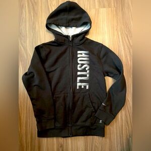 Xersion Boys Black Athletic Zip-Up Jacket with White Hustle word hoodie size M